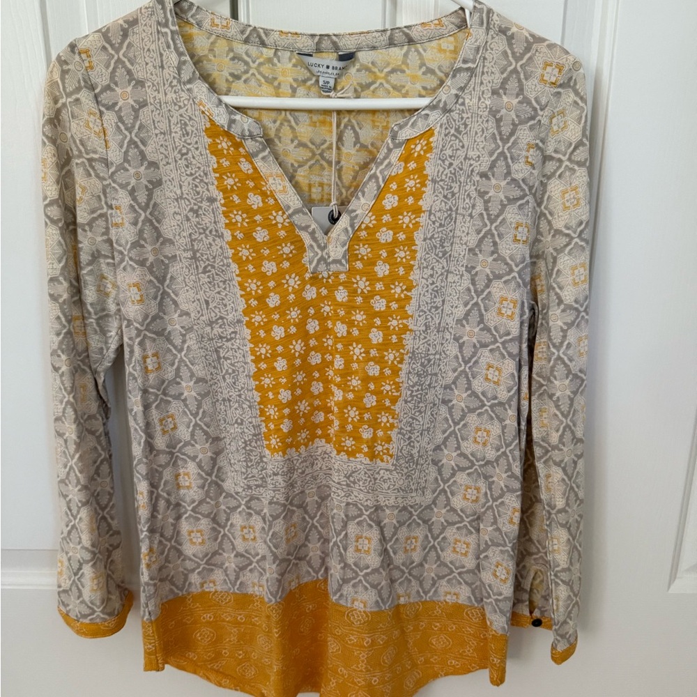 Lucky Brand Yellow and Gold 3/4 Sleeve Tunic
